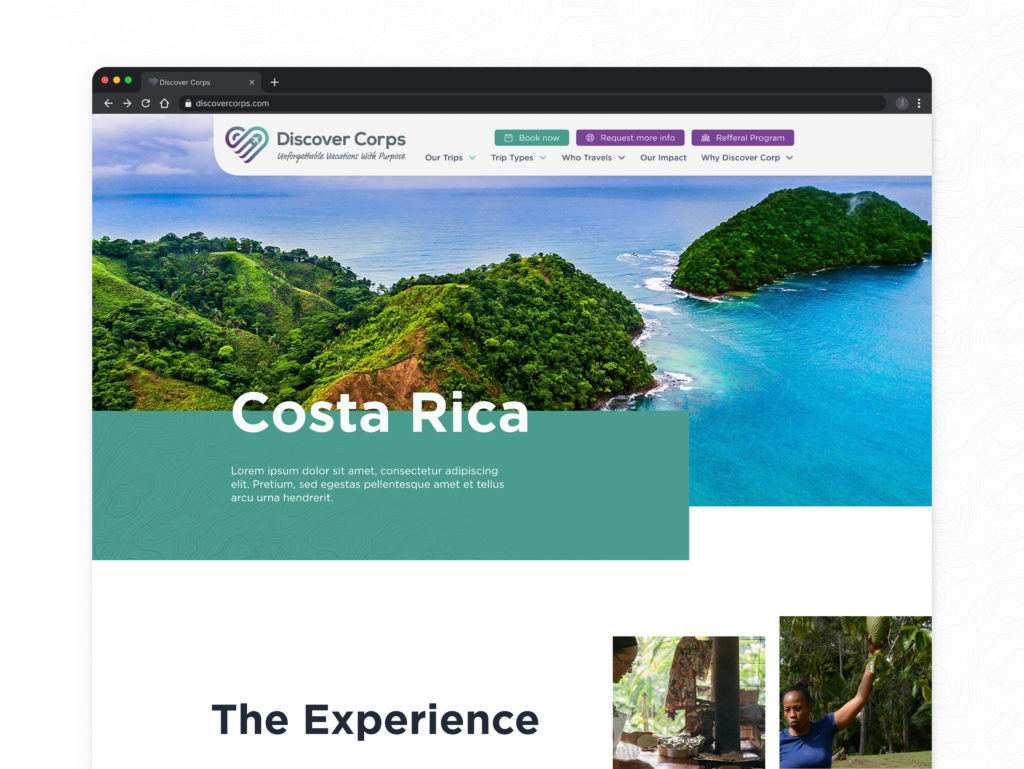 Custom WordPress theme trip page design for Discover Corps by Cottontail Creative